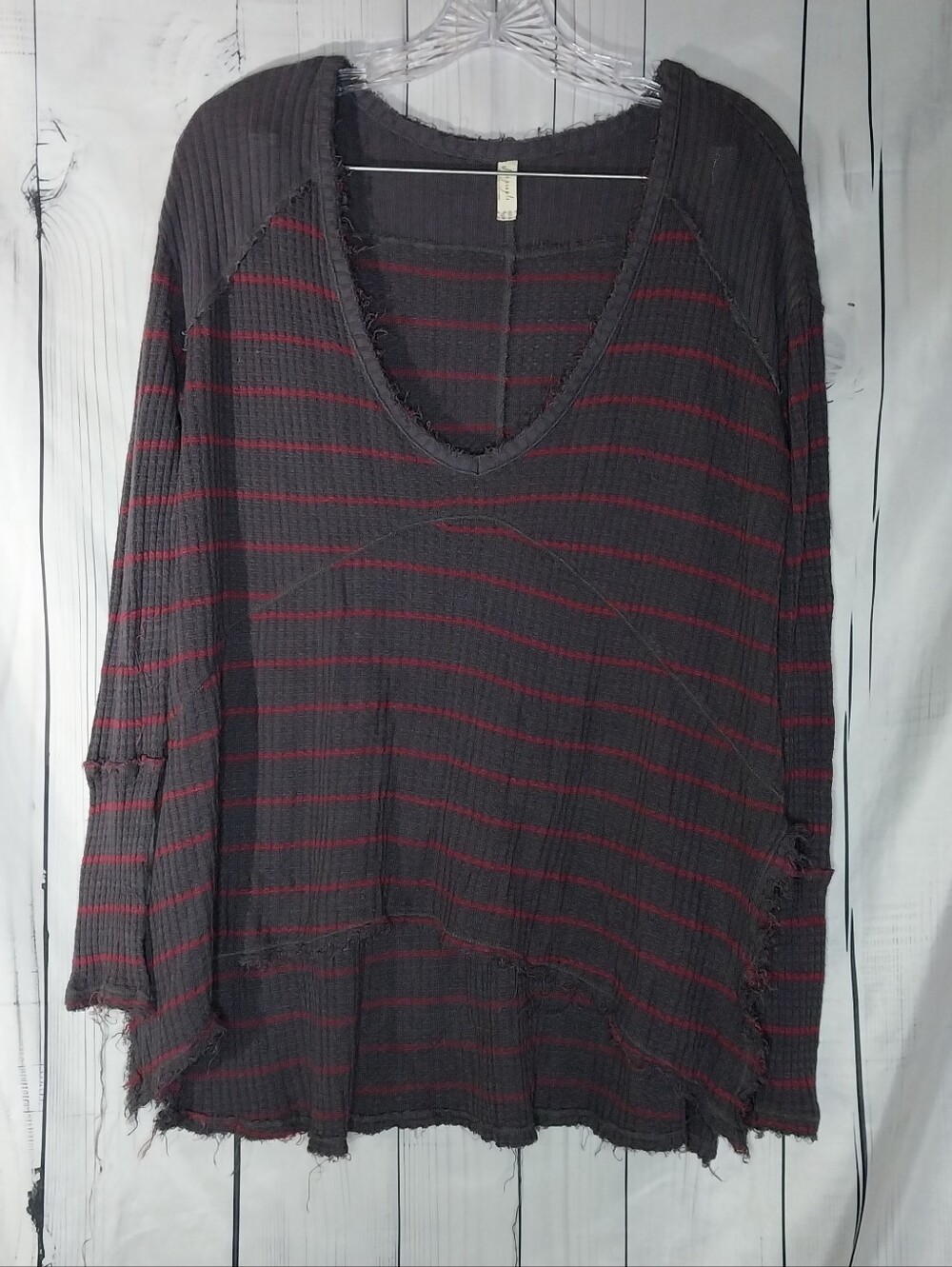 Free People Distressed V-Neck Waffle Knit Grunge Boho Casual Long Sleeve Top
